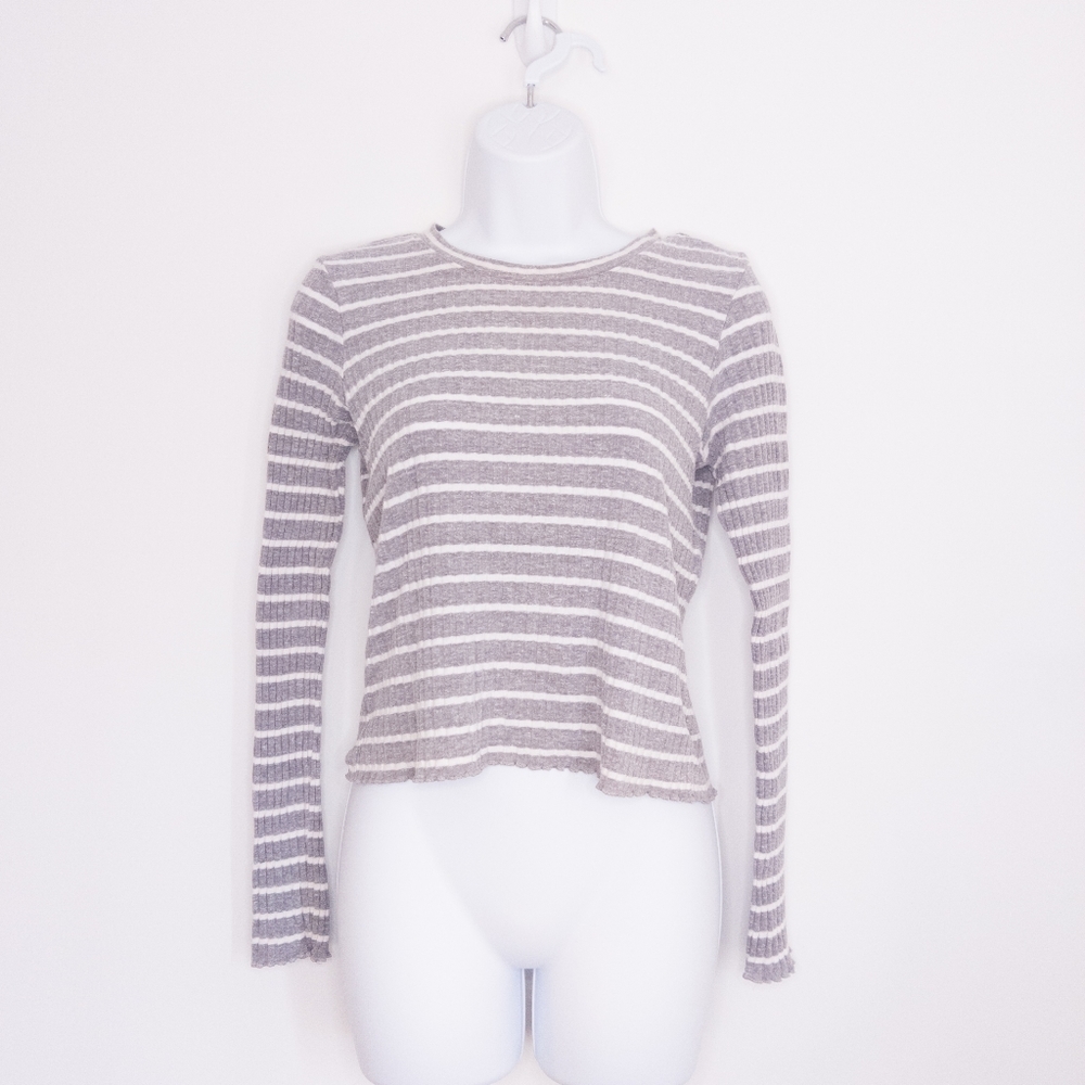 American Eagle Women's Ribbed Striped Shirt Small Gray White Long Sleeve Top